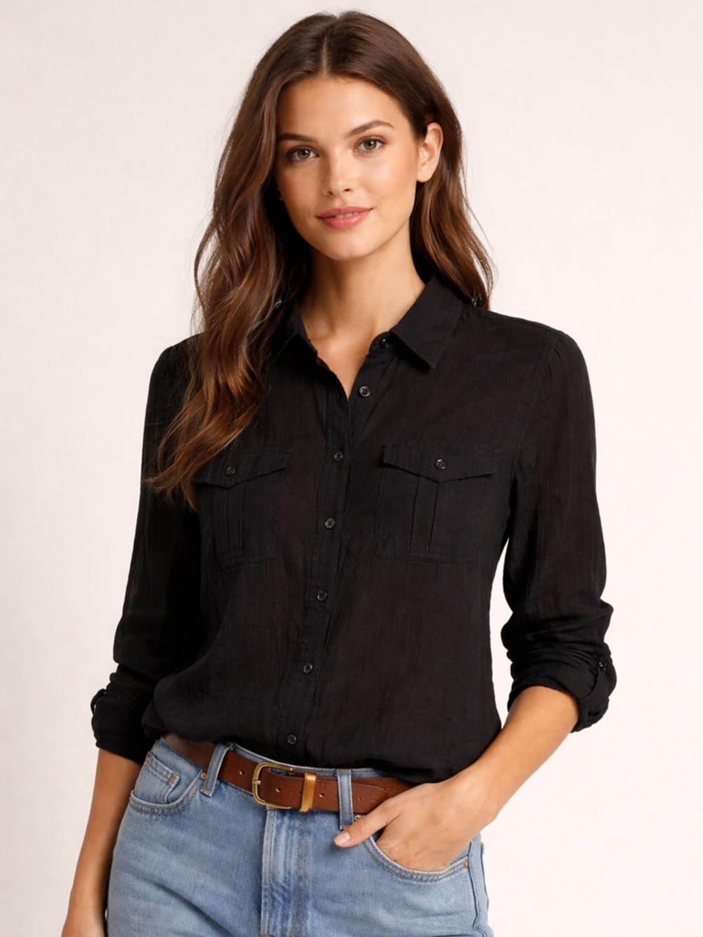 Talbots Black Button-Front Lightweight Blouse